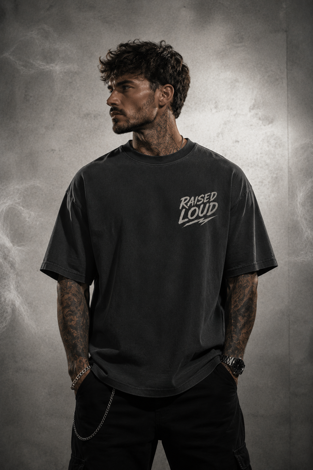 Oversized T-Shirt „RAISED LOUD – GENX“ Washed Black