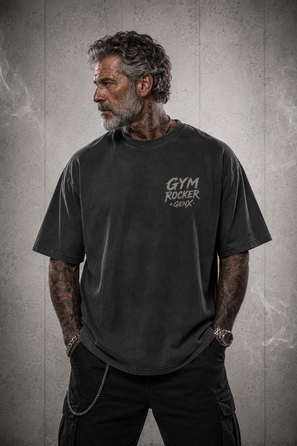 Oversized T-Shirt „GYM ROCKER – GENX“ Washed Black