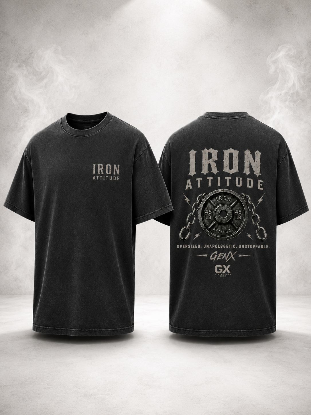 Oversized T-Shirt „IRON ATTITUDE – GENX“ Washed Black