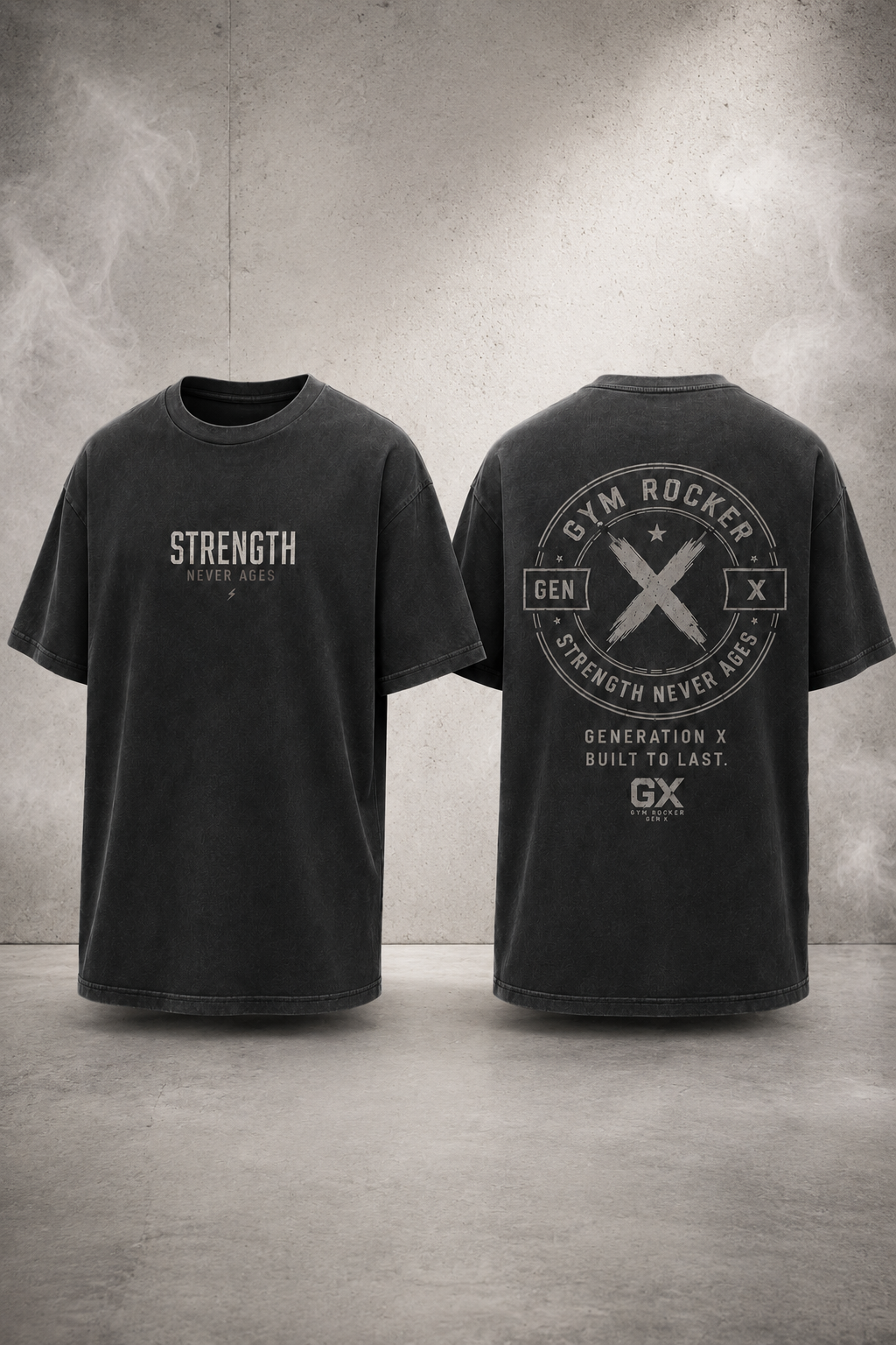 Oversized T-Shirt „STRENGTH NEVER AGES – GENX“ Washed Black