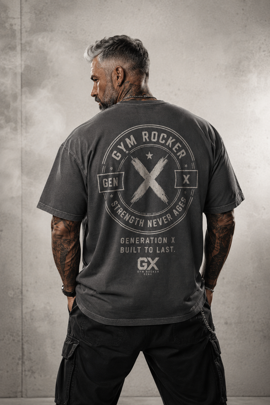 Oversized T-Shirt „STRENGTH NEVER AGES – GENX“ Washed Black