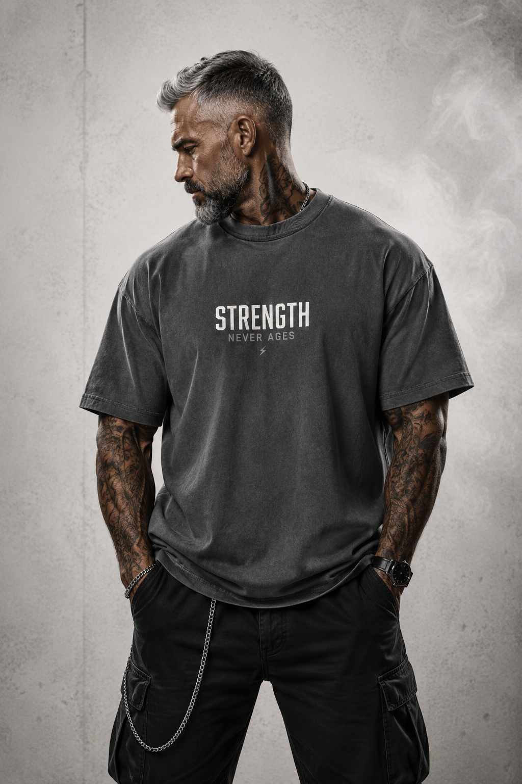Oversized T-Shirt „STRENGTH NEVER AGES – GENX“ Washed Black