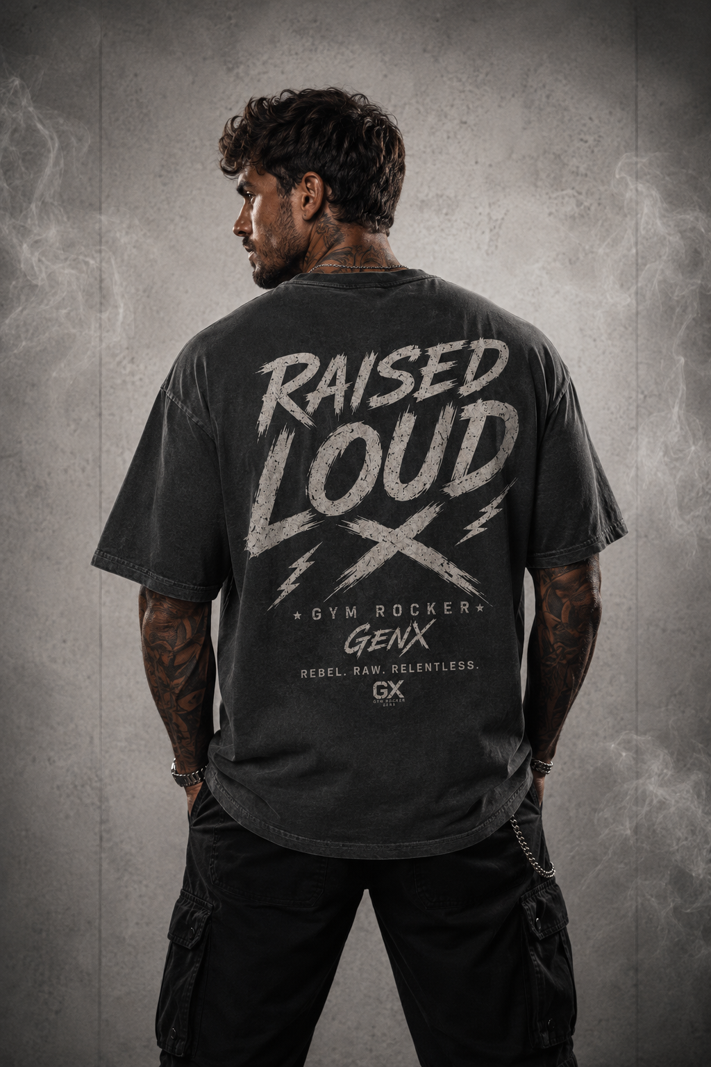 Oversized T-Shirt „RAISED LOUD – GENX“ Washed Black
