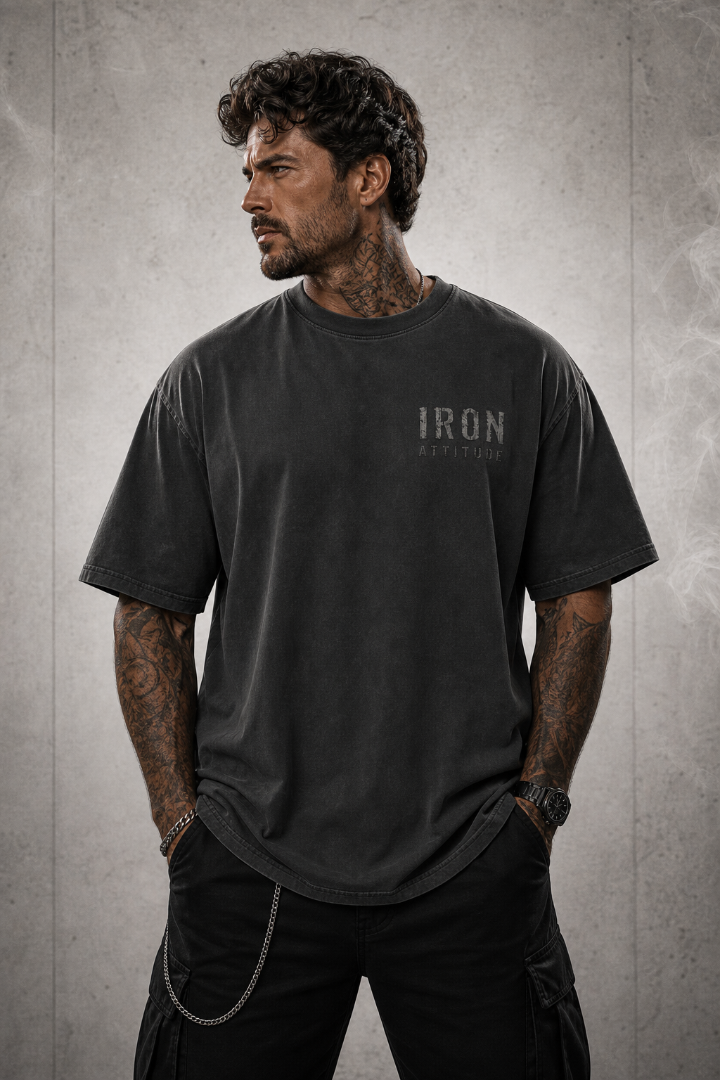 Oversized T-Shirt „IRON ATTITUDE – GENX“ Washed Black