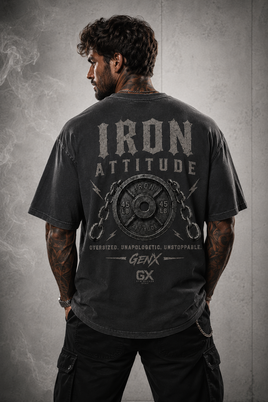 Oversized T-Shirt „IRON ATTITUDE – GENX“ Washed Black