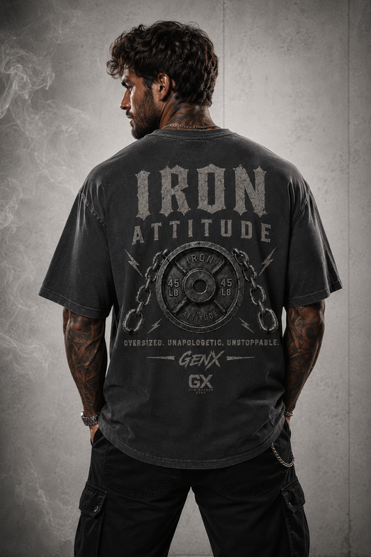Oversized T-Shirt „IRON ATTITUDE – GENX“ Washed Black