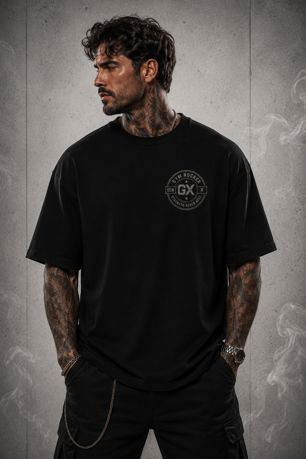 Oversized T-Shirt „STRENGTH NEVER AGES – GENX“ Black