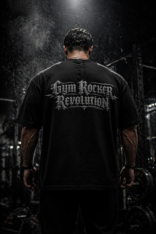 Oversized T-Shirt Schwarz mit Gothic Print „Gym Rocker Revolution“ – Streetwear black
