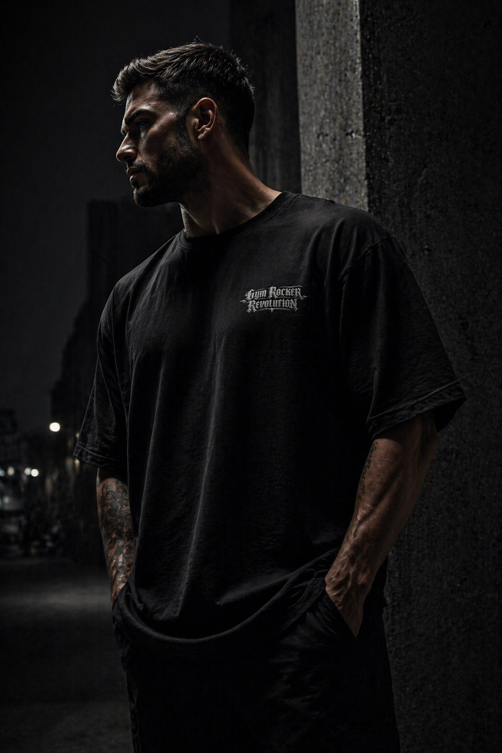 Oversized T-Shirt Schwarz mit Gothic Print „Gym Rocker Revolution“ – Streetwear black