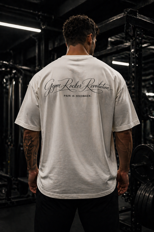 Gym Rocker Revolution Oversized T-Shirt – Pain Is Feedback Weiß